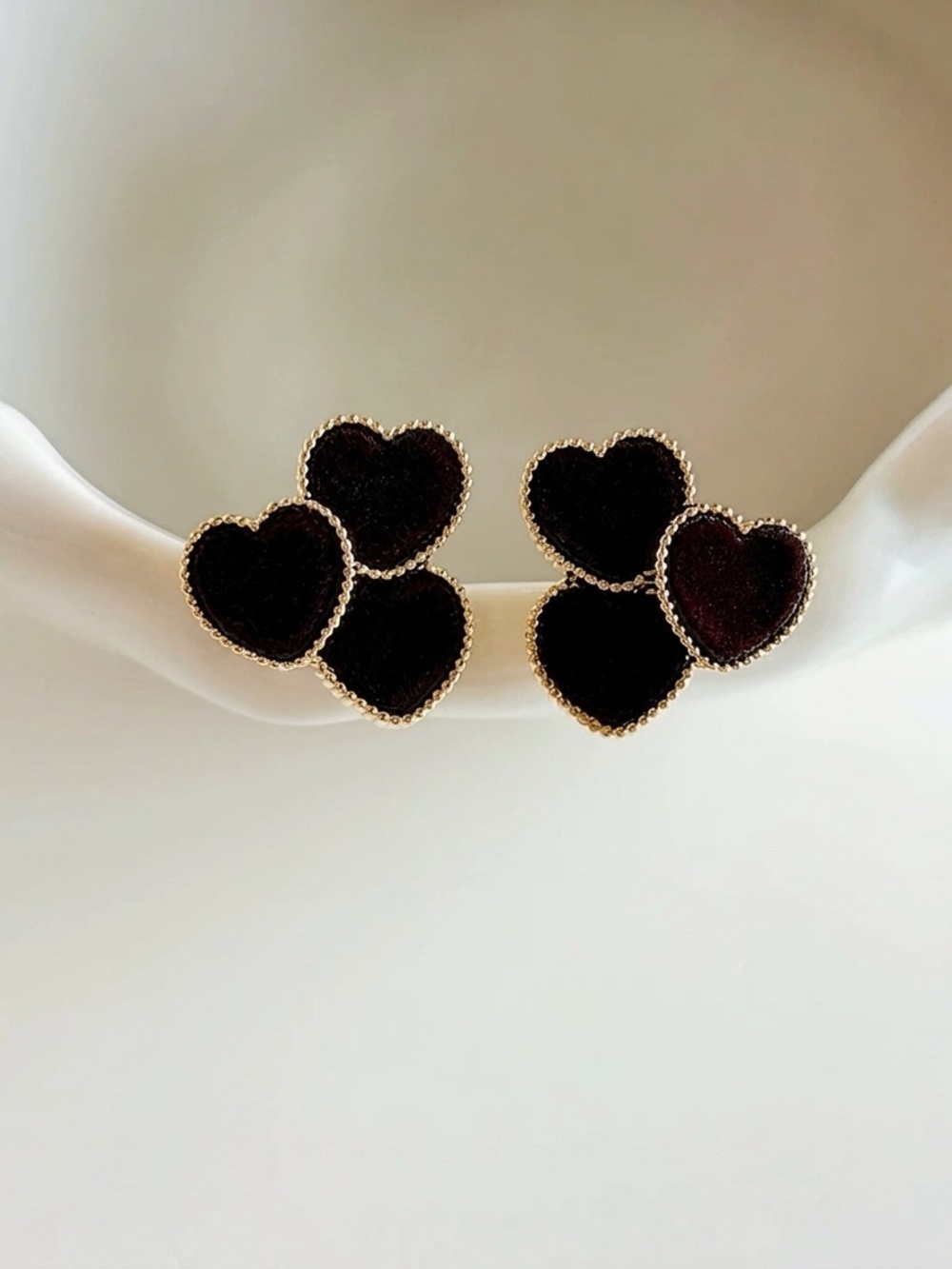 NEW 18K Gold Plated Heart Studs in Deep Roasted Brown Silk Velvet